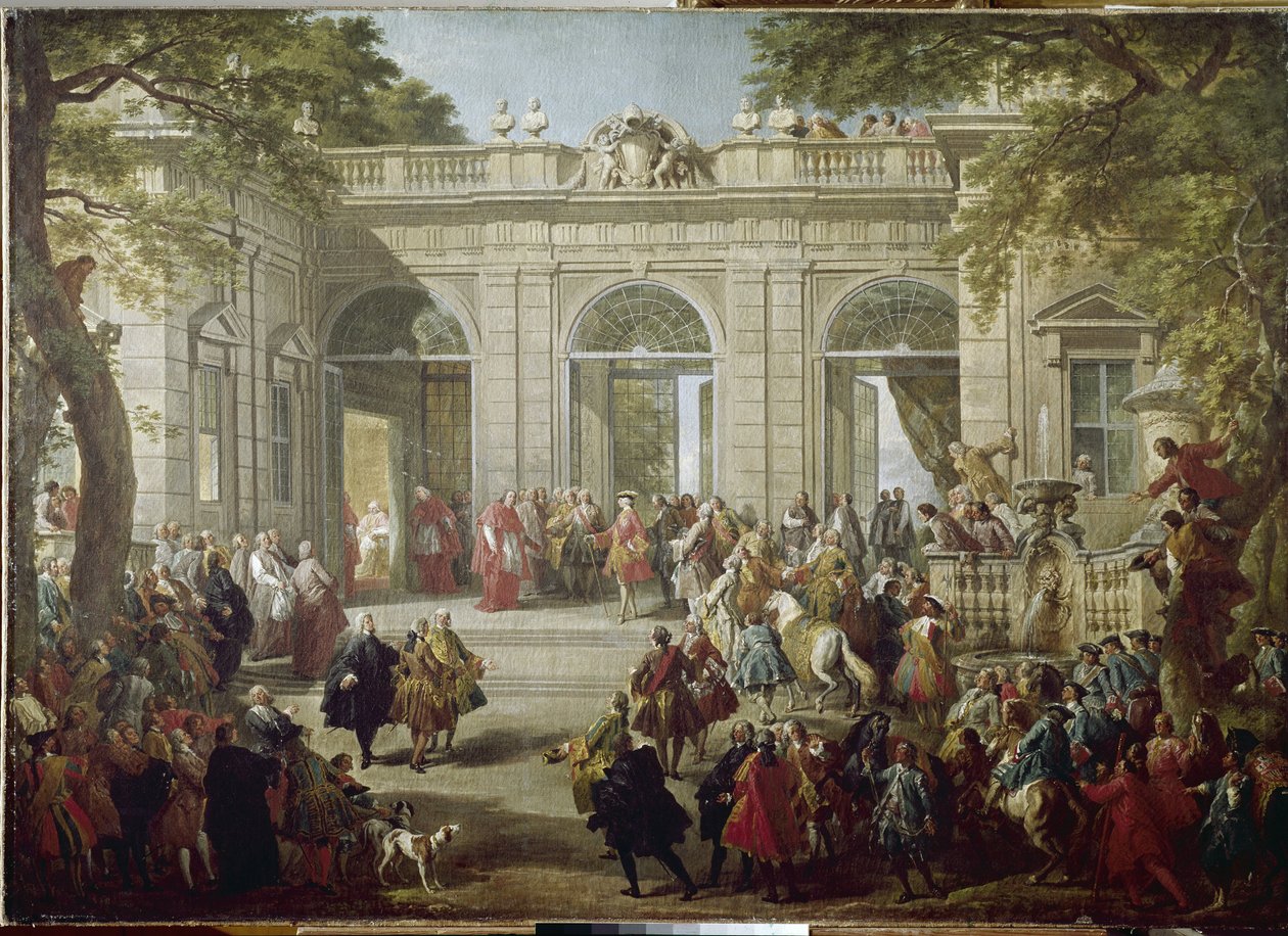 Karl III av Spanien eller Karl av Bourbon, kung av Neapel (1716-1788) Påven Benedetto XIV besöker kaffehuset i Quirinale-palatset (Quirinal) Målning av Giovanni Paolo Pannini (1691-1765) 1746 Neapel, Capodi National Museum av Giovanni Paolo Pannini