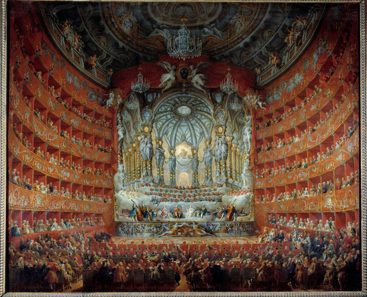 Konsert ges på teatern Argentina i Rom den 15 juli 1747 i samband med delfinen Louis de France (1729-1765), son till Ludvig XV, med Marie Josephe av Sachsen. Målning av Giovanni Paolo Pannini (Panini) (1691-1765) av Giovanni Paolo Pannini