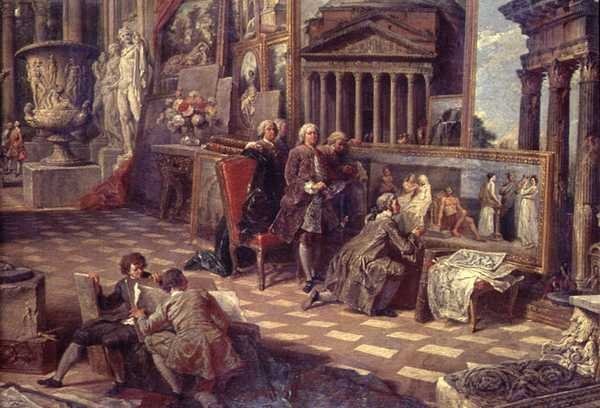 Detalj av interiören av ett imaginärt bildgalleri av Giovanni Paolo Pannini