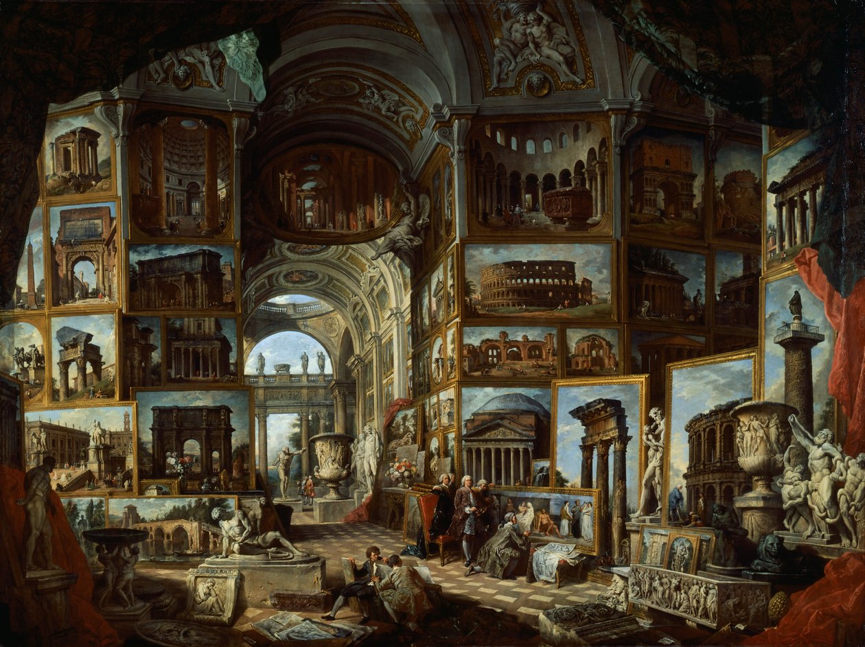 Fantasigalleri med utsikt över antikens Rom, ca 1756, av Giovanni Paolo Pannini (1691-1765), olja på duk av Giovanni Paolo Pannini