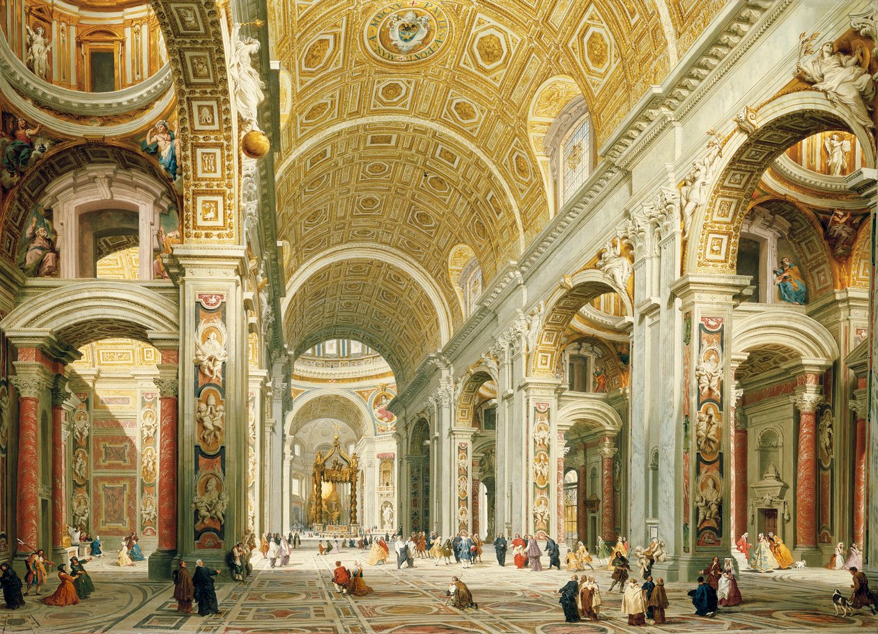 Interiör av Peterskyrkan, med utsikt västerut mot St. Peters grav av Giovanni Paolo Pannini