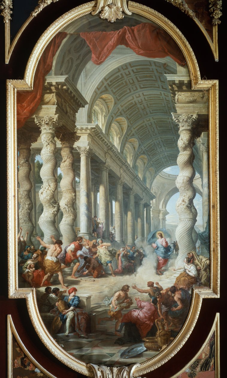 Jesus stenad i templet, av Giovanni Paolo Panini (1691-1765), målning, Palace of La Granja, Segovia, Spanien. av Giovanni Paolo Pannini
