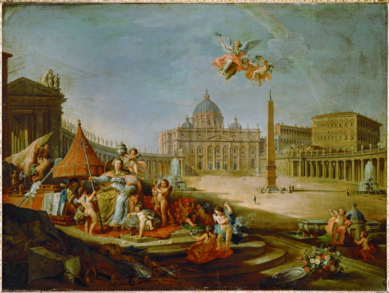 Petersplatsen med allegorin om påvedömets triumf ... av Giovanni Paolo Pannini or Panini