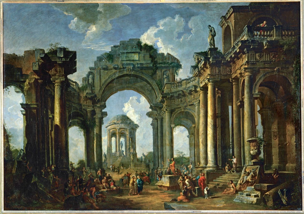 En apostels predikan i ruinerna av antik dorisk arkitektur ... av Giovanni Paolo Pannini or Panini