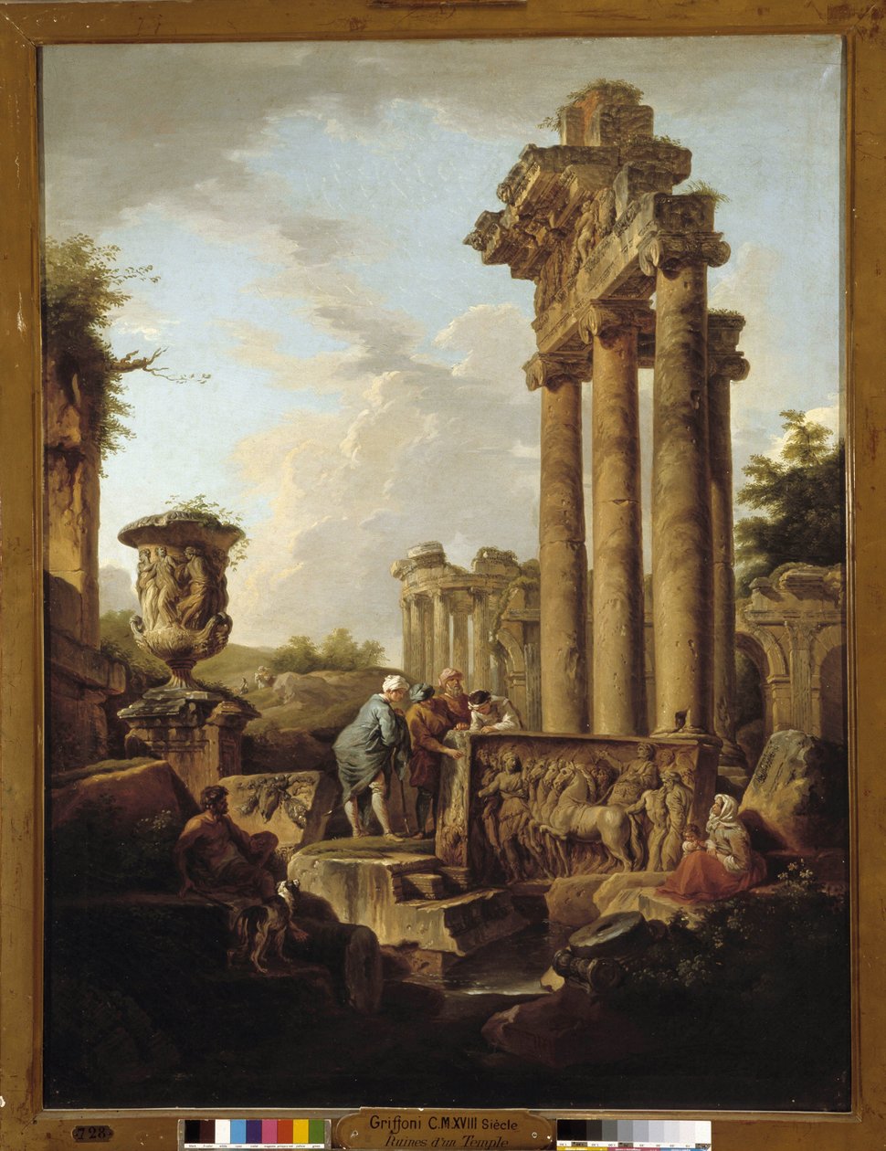 Landskap av romerska ruiner med rester av ett tempel av Saturnus eller "arkeologen" (olja på duk) av Giovanni Paolo Pannini