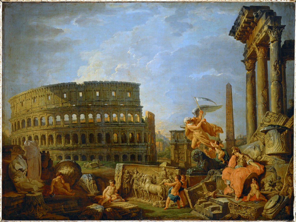 Colosseum och Konstantins båge med allegorin om det romerska imperiets dekadens ... (målning på duk) av Giovanni Paolo Pannini or Panini