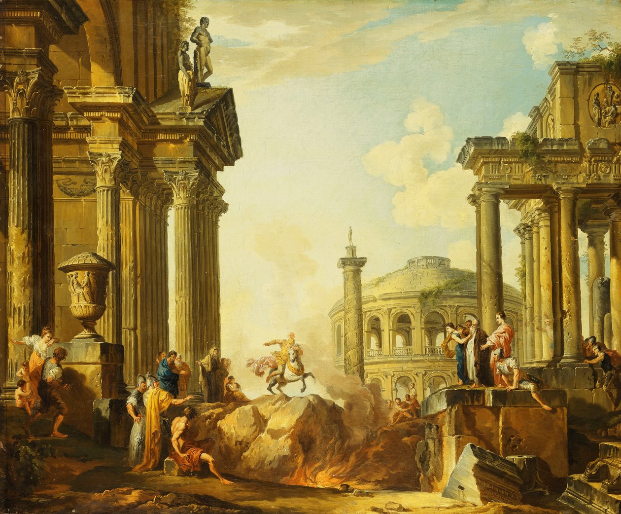 Marcus Curtius hoppar in i avgrunden, en Capriccio med Trajanus kolumn och andra klassiska byggnader bortom, av Giovanni Paolo Pannini