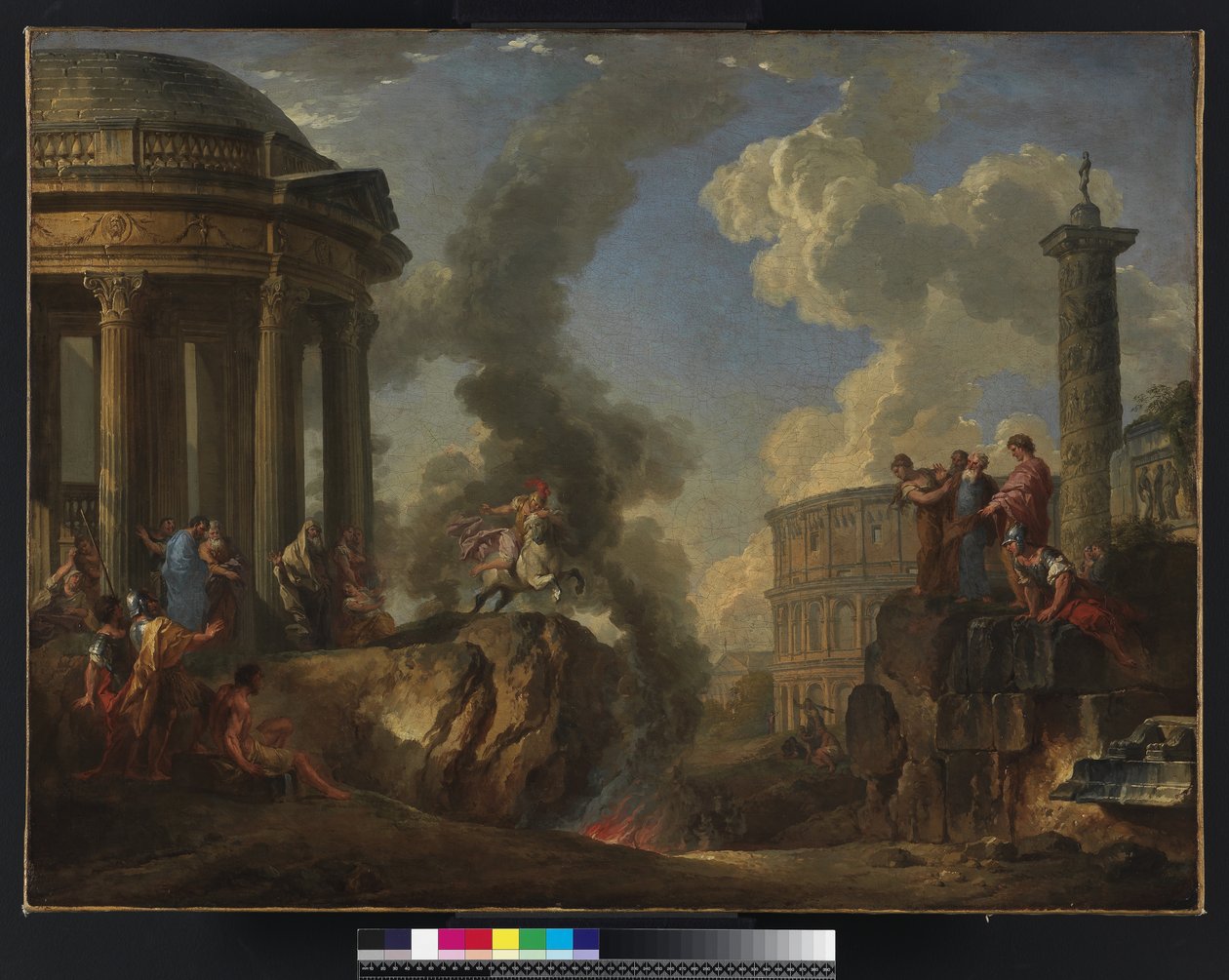 Marcus Curtius hoppar in i viken, ca 1730 av Giovanni Paolo Pannini