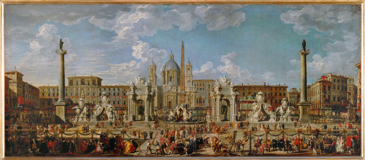 Förberedelser inför fyrverkerierna och dekorationerna inför festligheterna på Piazza Navona i Rom den 30 november... av Giovanni Paolo Pannini or Panini