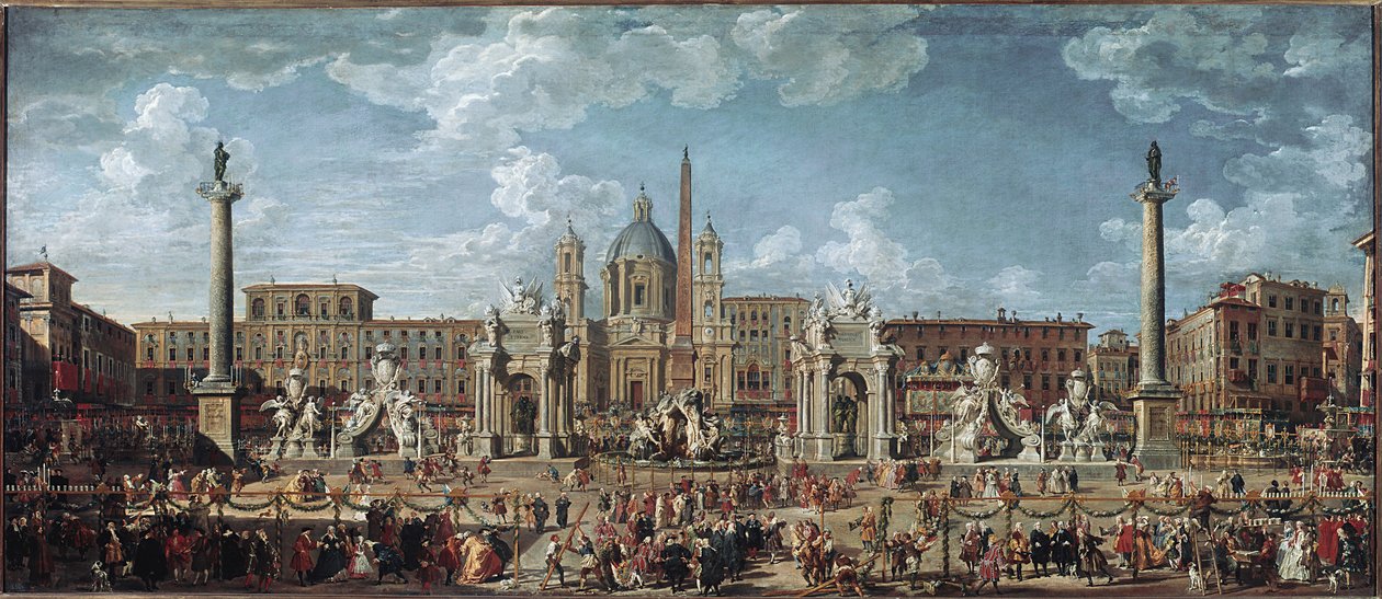 Förberedelser för fyrverkerierna och dekorationerna av festen som ges i Rom för att fira delfinen Louis de Frances födelse (olja på duk av Giovanni Paolo Pannini