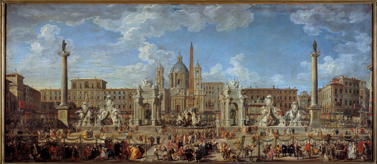 Förberedelser inför festens fyrverkerier och dekorationer som ges den 30 november av Giovanni Paolo Pannini