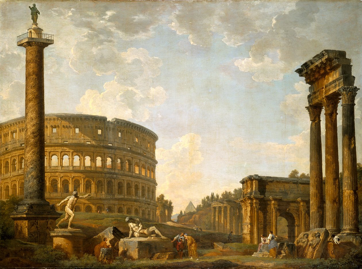 Roman Capriccio: Colosseum och andra monument (olja på duk) av Giovanni Paolo Pannini
