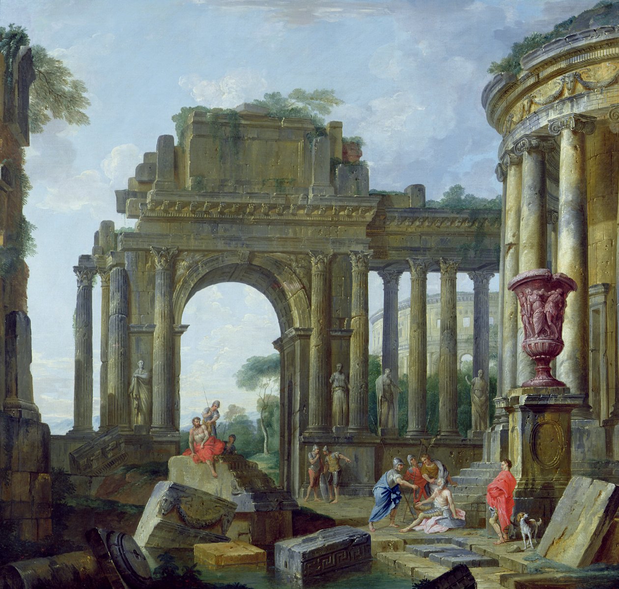 Romerska ruiner med de blinda Belisarius (olja på duk) av Giovanni Paolo Pannini