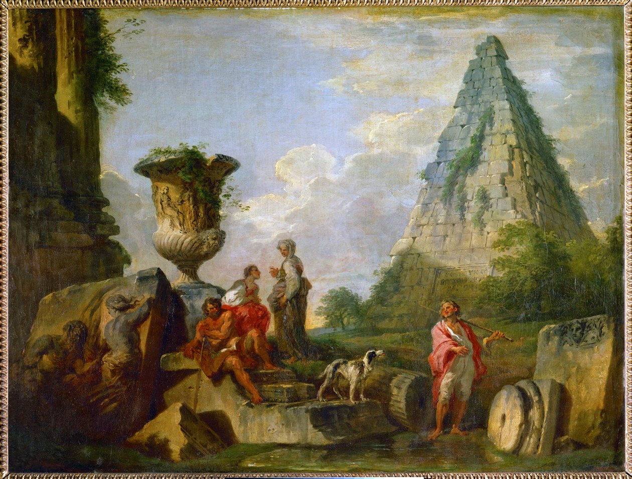 Forntida ruiner med pyramiden av Gaius Cestius ... av Giovanni Paolo Pannini or Panini