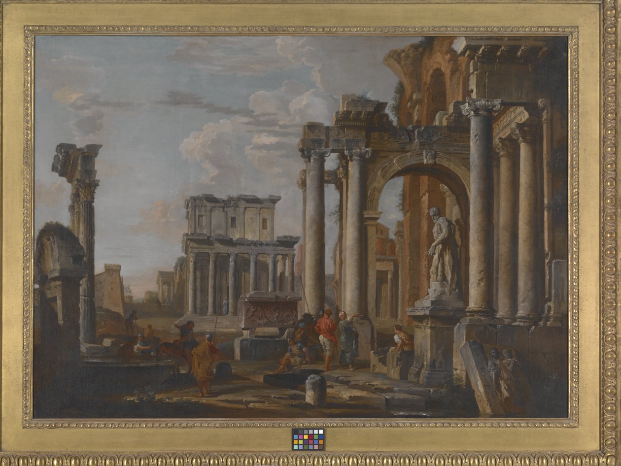 Ruiner med Antoninus och Faustinas tempel (olja på duk) av Giovanni Paolo Pannini