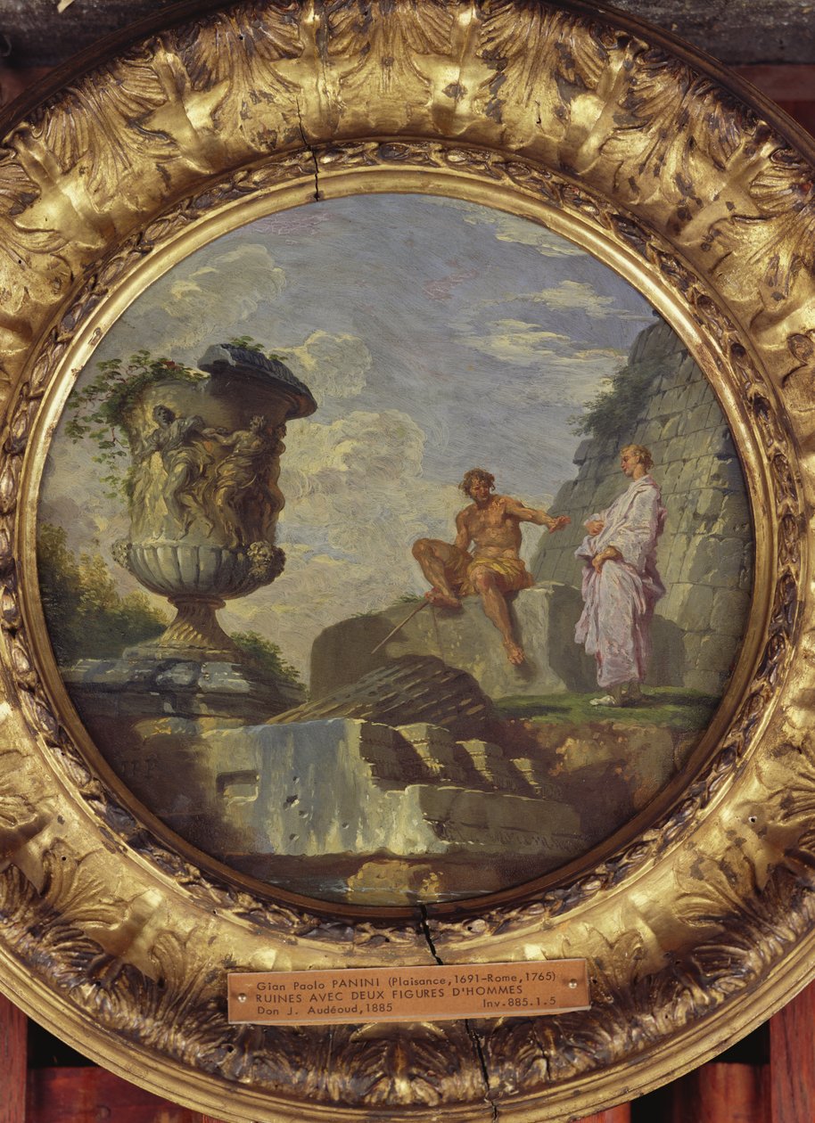 Ruiner med två män, ca 1750-60 (olja på koppar) av Giovanni Paolo Pannini