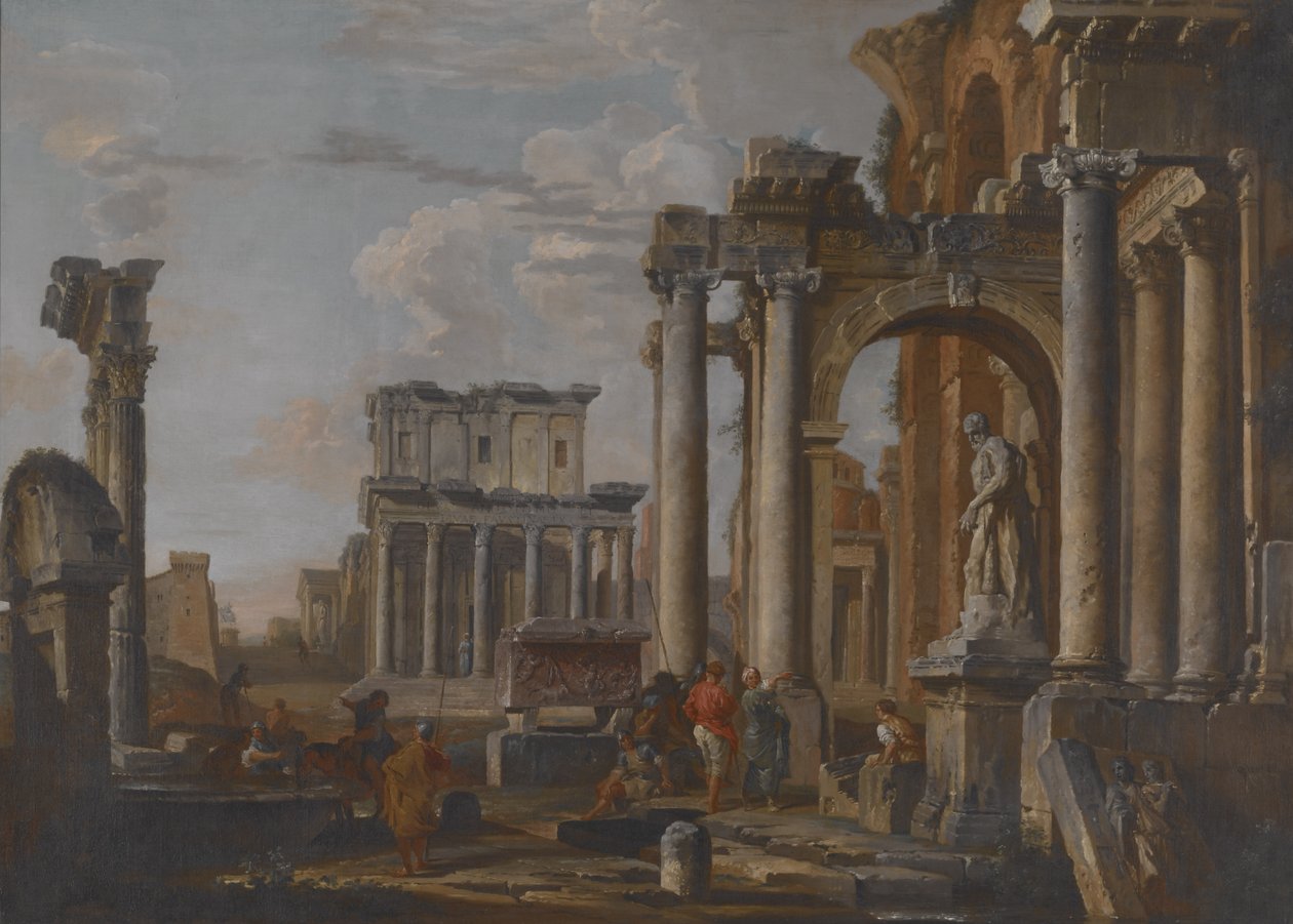Ruiner med Antoninus och Faustinas tempel, c1727-30 (olja på duk) av Giovanni Paolo Pannini