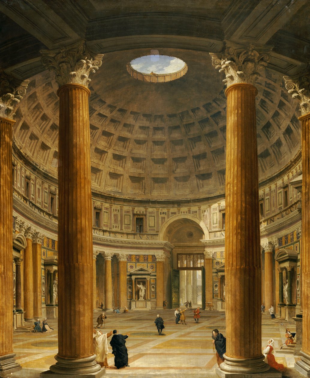 Pantheons inre, Rom, med utsikt norrut från huvudaltaret till ingången, 1732 av Giovanni Paolo Pannini