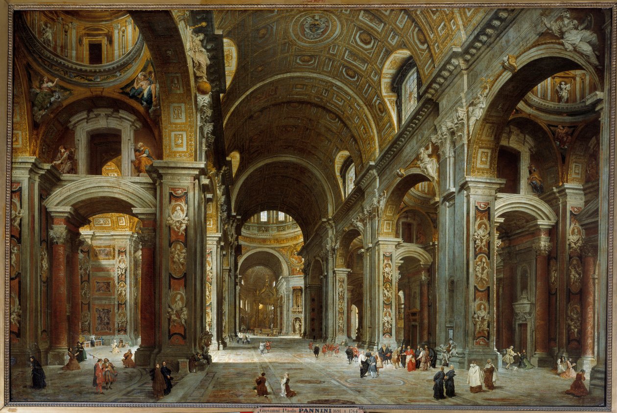 Prelaten, diplomaten och poeten Melchior de Polignac (1661-1741) besöker Peterskyrkan av Rom Målning av Giovanni Paolo Pannini (Panini) (1691-1765) 1730 Dim 1,5x2,25 m - Prelaten, diplomaten och poeten Melchior de Polignac (1661-1741) på besök av Giovanni Paolo Pannini
