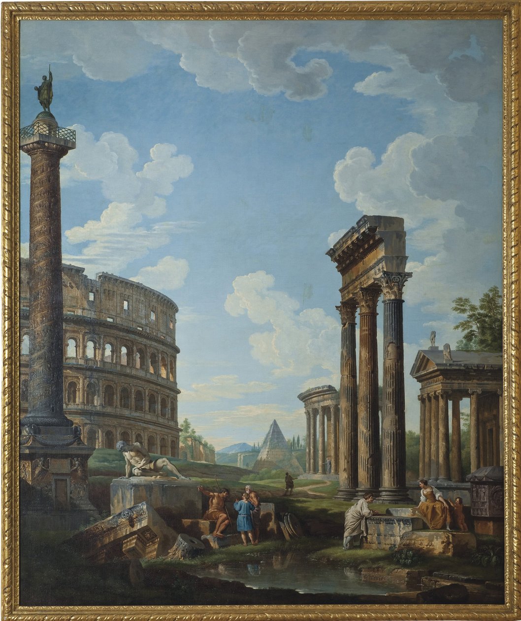 En Capriccio med figurer i romerska ruiner, inklusive Konstantins båge och Pantheon, Colosseum och Trajanus kolonn (Trajanus kolonn eller Colonna Traiana) - Målning av Giovanni Paolo Panini (Pannini) (1691-1765), olja på duk, 210.8 x1 av Giovanni Paolo Pannini
