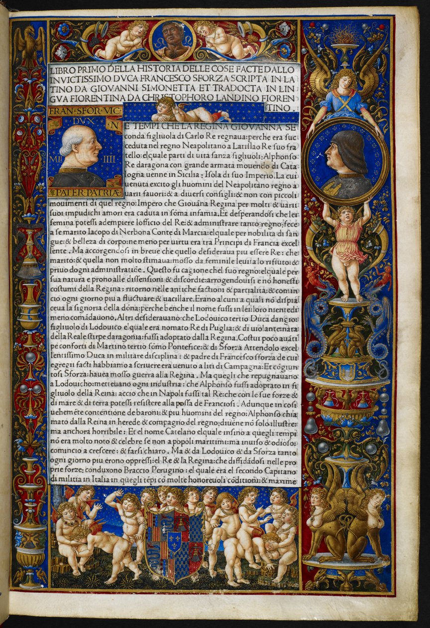 Frontispice, från Giovanni Simonetta, Historia delle cose facte dal invictissimo hertig Francesco Sforza [c.d. Sforziades], Milan, Antonio Zarotto av Giovanni Pietro Birago