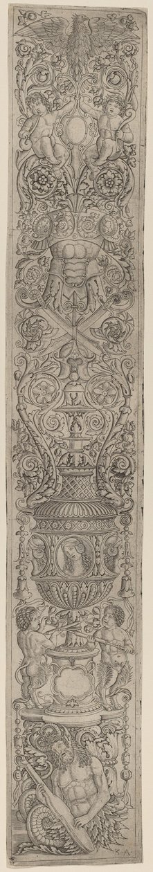 Ornamentpanel: Triton och Two Infant Satyrs av Giovanni Pietro Birago and Zoan Andrea