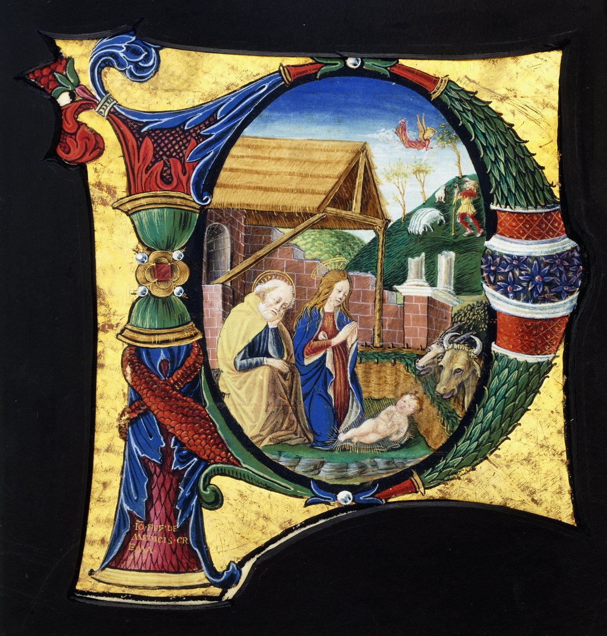 En stor historisk initial "P", föreställande en julkrubba, c.1490 av Giovanni Pietro Medici Da Crema