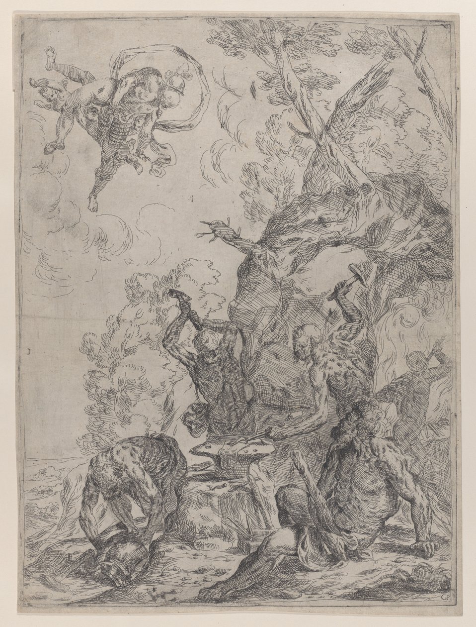 Vulkansmedjan med smeder som slår ett städ med hammare..., 1640-59. av Giovanni Pietro Possenti