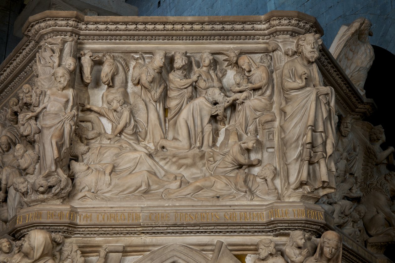 Tillbedjan av Magi, på predikstolen i kyrkan Sant