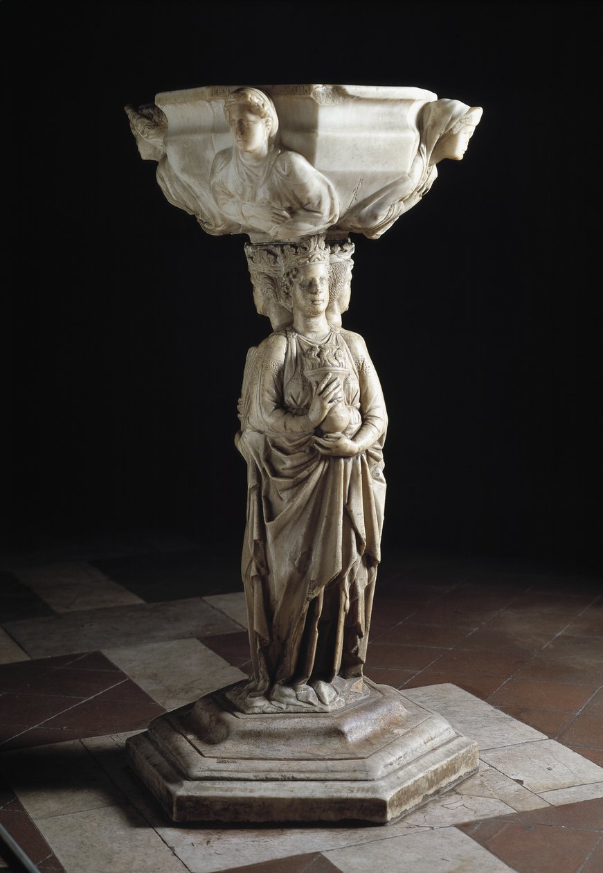 Stoup med en pelare dekorerad med de tre teologiska dygderna och en bassäng dekorerad med byster av de fyra kardinaldygderna, 1200-talet (skulptur) av Giovanni Pisano