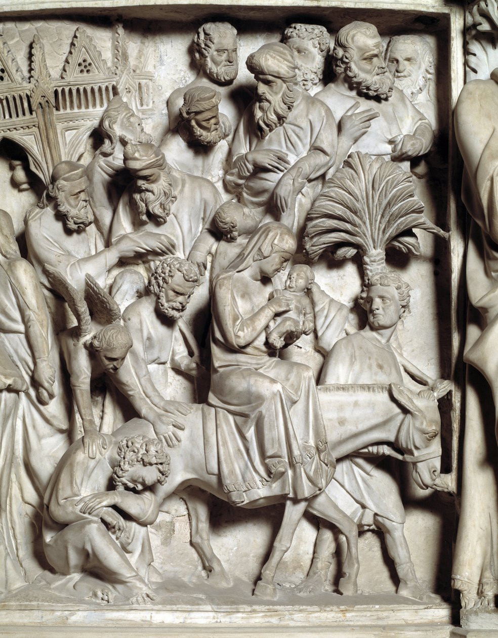 Detalj av relieferna av stolen realiserade av Giovanni Pisano (1248-1314): Detalj av relieferna från marmorpredikstolen, flygning in i Egypten 1302-1311 Cathedrale de Pisa (Duomo di Pisa), Italien av Giovanni Pisano