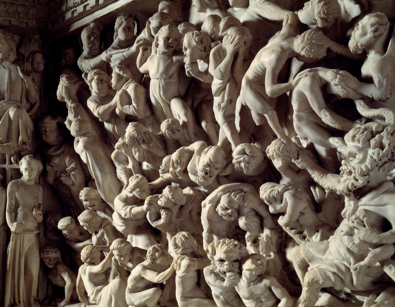 Detalj av relieferna av stolen realiserade av Giovanni Pisano (1248-1314): damns (Detalj av relieferna av marmorpredikstolen) 1302-1311 Cathedrale de Pisa (Duomo di Pisa), Italien av Giovanni Pisano
