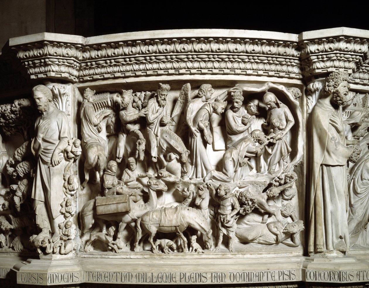 Detalj av relieferna av stolen realiserade av Giovanni Pisano (1248-1314): resan och tillbedjan av männen (Detalj av relieferna av marmorpredikstolen, resan och tillbedjan av magi) 1302-1311 Cathedrale of Pisa (Duomo di Pisa), Italien av Giovanni Pisano