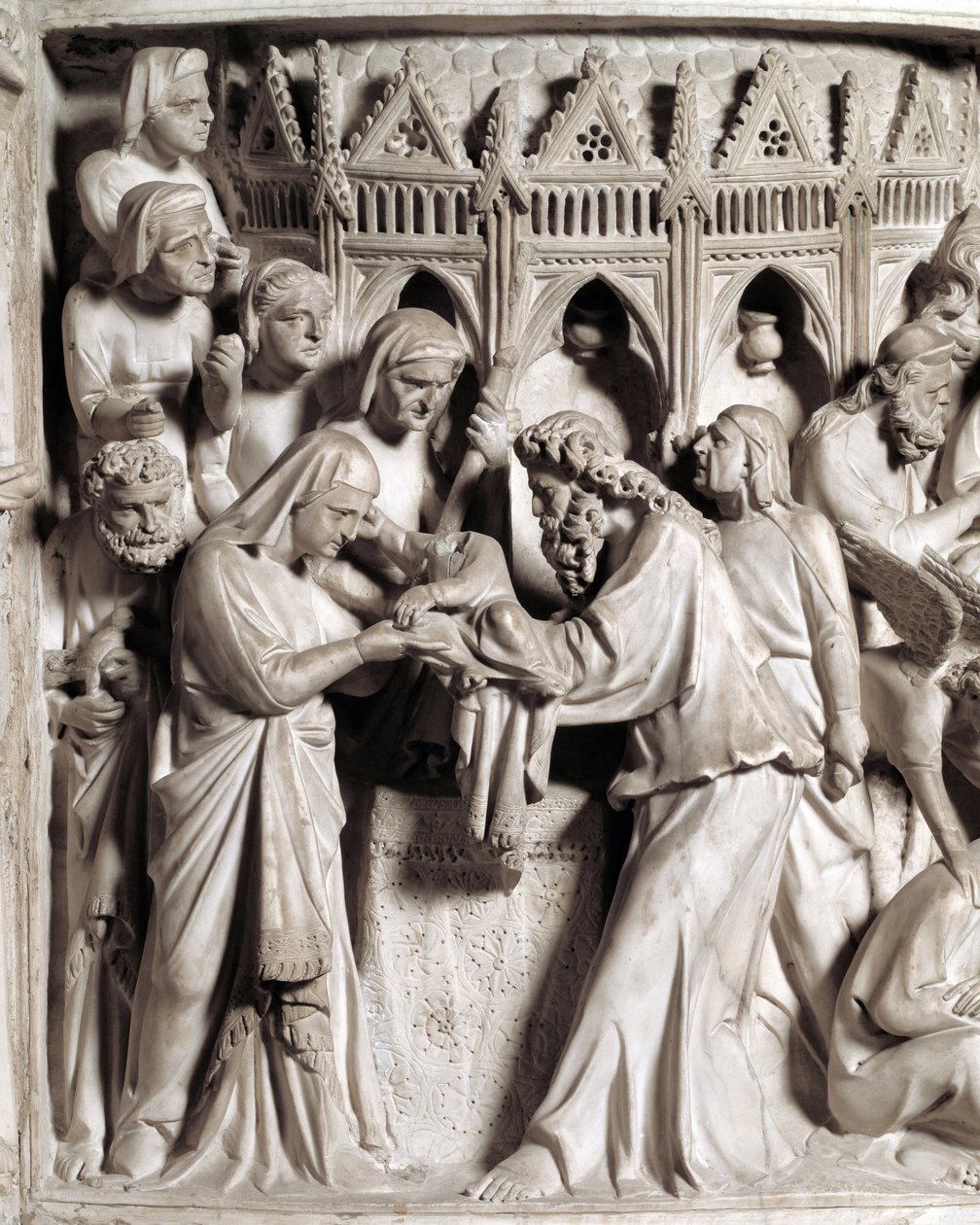 Detalj av relieferna av stolen realiserade av Giovanni Pisano (1248-1314): presentationen av Jesus vid templet (Detalj av relieferna från marmorpredikstolen) 1302-1311 Cathedrale of Pisa (Duomo di Pisa), Italien av Giovanni Pisano