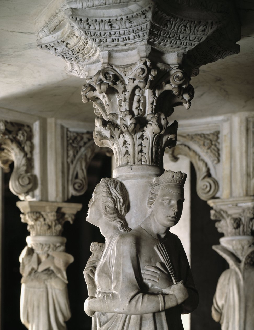 Detalj av de skulpterade grupperna som stöder stolen realiserad av Giovanni Pisano (1248-1314): Theologales Vertus (Detalj av skulpturerna som stöder marmorpredikstolen, de teologiska dygderna) 1302-1311 Cathedrale de Pisa (Duomo di Pisa), Italien av Giovanni Pisano
