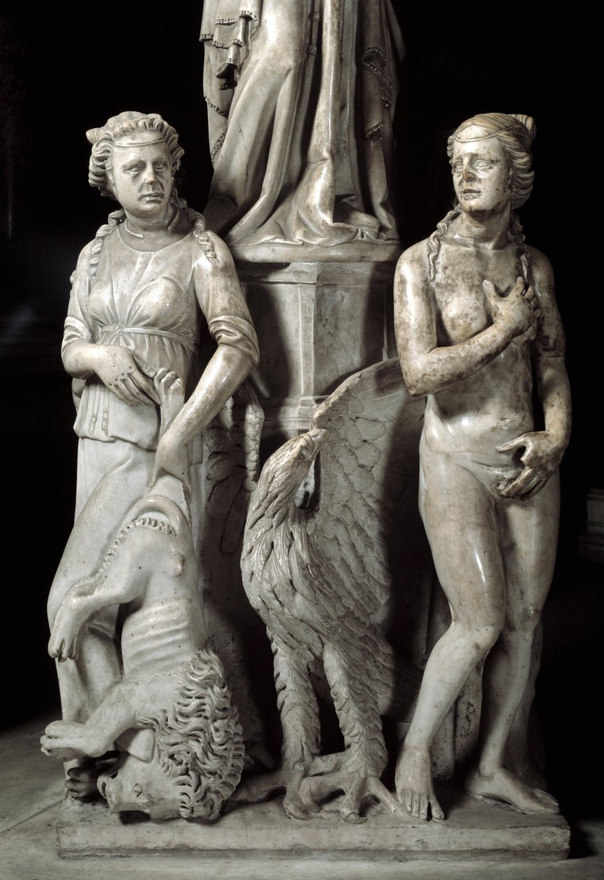 Detalj av de skulpterade grupperna som stöder stolen realiserade av Giovanni Pisano (1248-1314): två kardinaldygder (Detalj av skulpturerna som stöder marmorpredikstolen, två kardinaldygder) 1302-1311 Cathedrale de Pisa (Duomo di Pisa), Italien av Giovanni Pisano