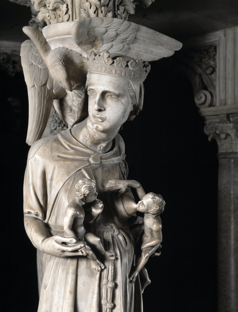 Detalj av de skulpterade grupperna som stöder stolen realiserad av Giovanni Pisano (1248-1314): Kyrkan som ger näring till sina barn (Detalj av skulpturerna som stöder marmorpredikstolen, kyrkan matar sina barn) 1302-1311 Cathedrale de Pisa (Duomo di Pis av Giovanni Pisano