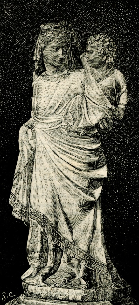 Madonna och barn, staty av Giovanni Pisano (ca 1240-ca 1320), katedralen i Prato, Toscana, Italien, träsnitt från Le cento citta d