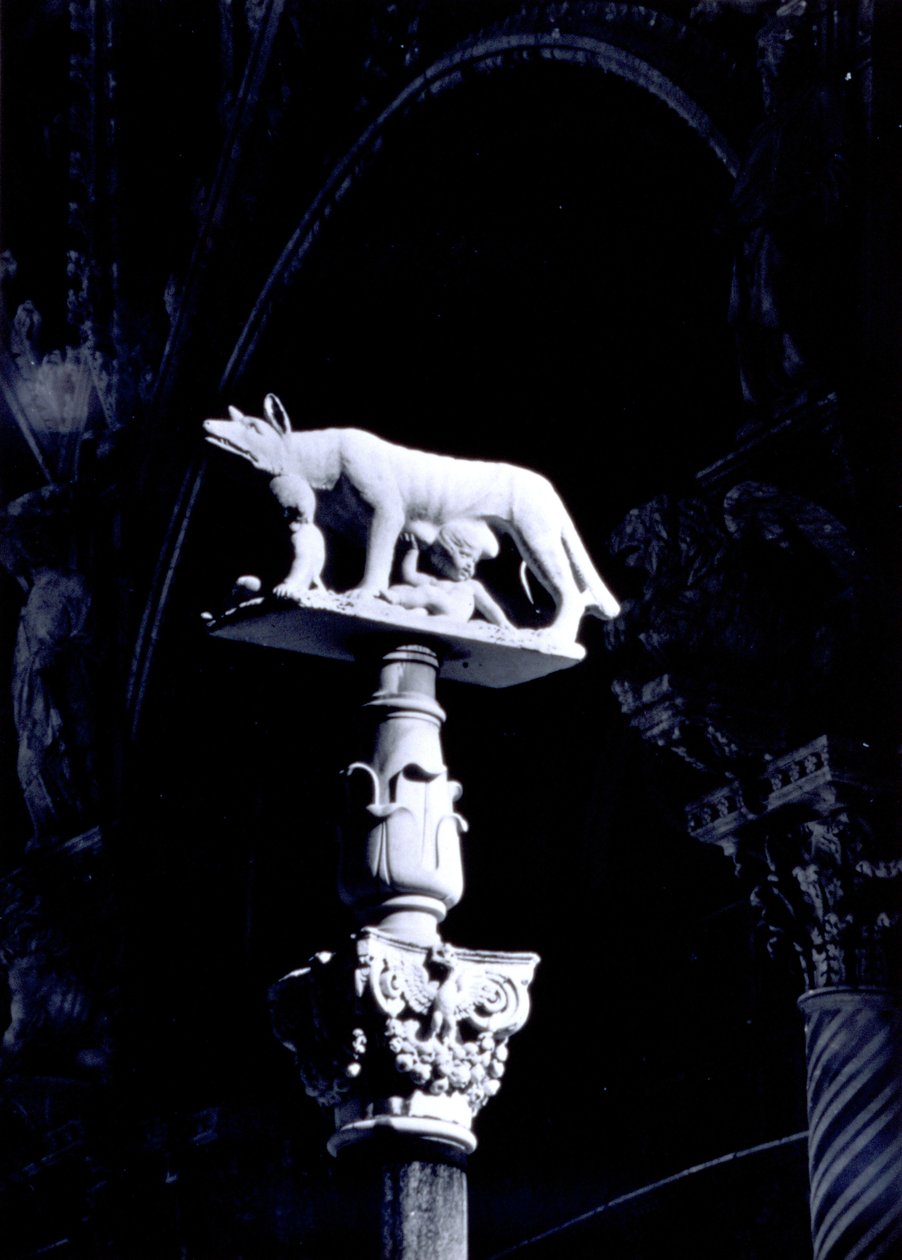 Sienesiska vargen, med tvillingarna Romulus och Remus, fasaden på Piazza del Duomo (marmor) av Giovanni Pisano