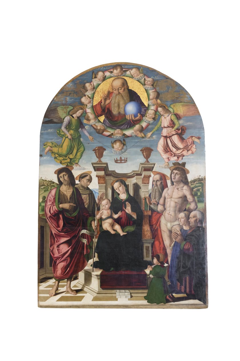 Madonna och barn tronande med helgon av Giovanni Santi