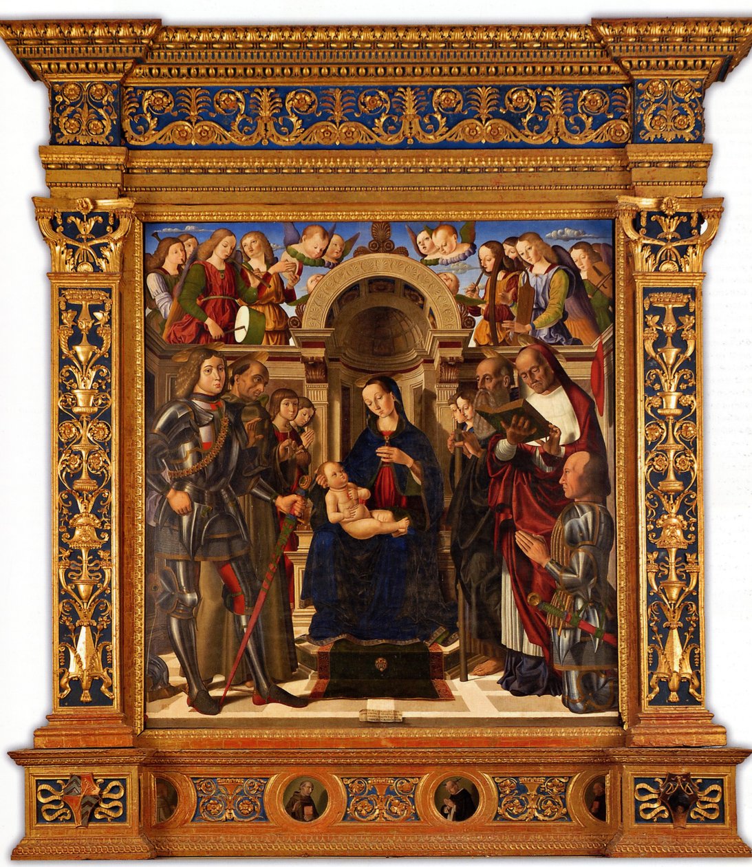 Pala Oliva. Madonna och barn tronade mellan Saints George, Francis of Assisi..., 1489. av Giovanni Santi