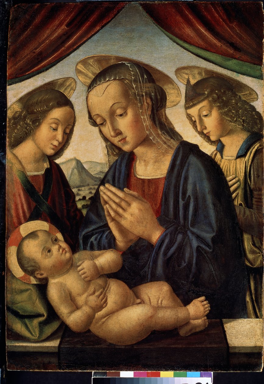 Jungfru och barn med änglar (tempera på panel) av Giovanni Santi