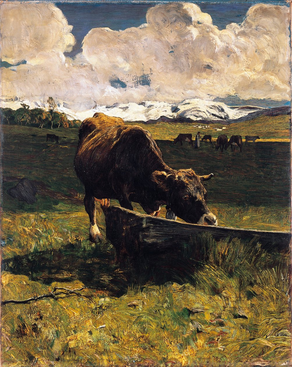 Brun ko vid tråg av Giovanni Segantini (1858-1899), olja på duk, 88x69 cm av Giovanni Segantini