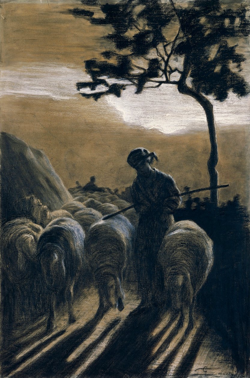 Flock on road av Giovanni Segantini (1858-1899) av Giovanni Segantini