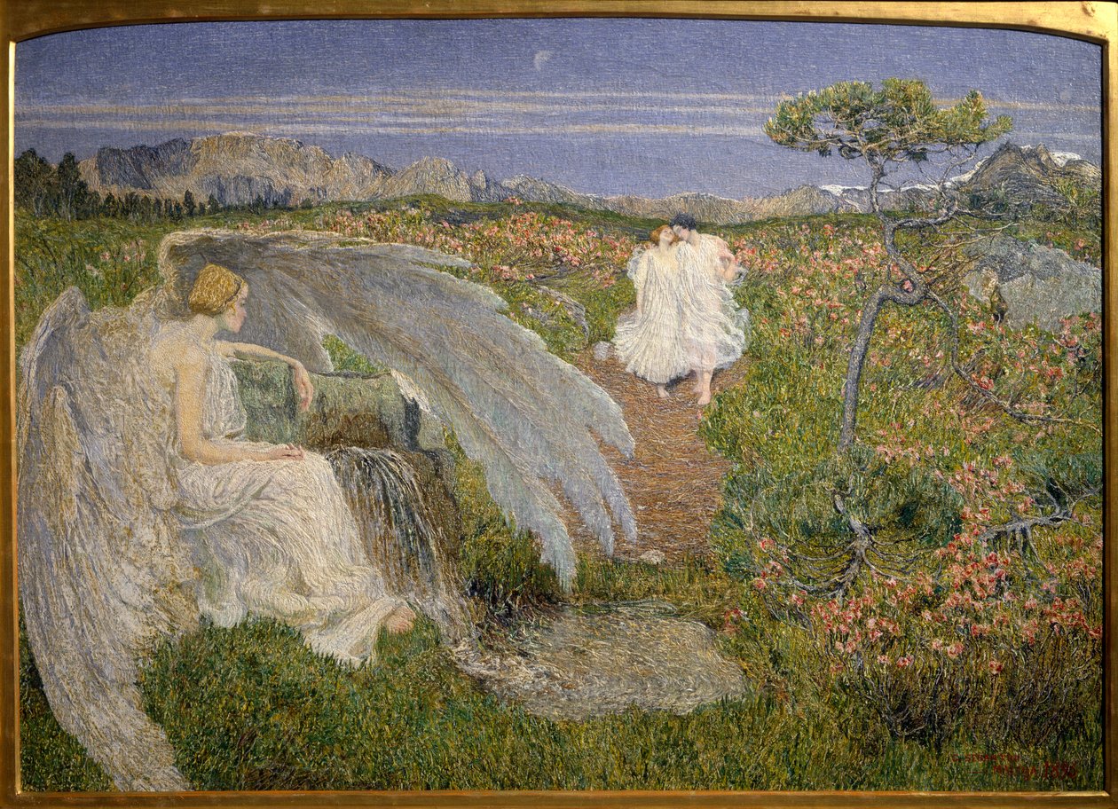 Love Source of Life: En ängel som ser ett par gå i ett drömlikt landskap av Giovanni Segantini