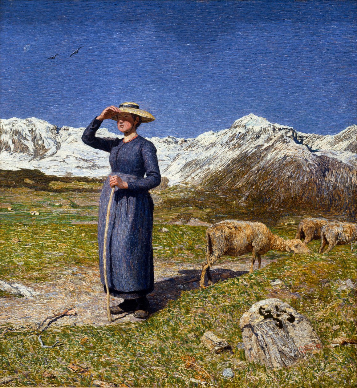 Middag i Alperna En bergere skyddar hennes ögon från solen. Målning av Giovanni Segantini (1858-1899) 1891 Sön. 7,5x71,57 cm Samling O. Fischebacher av Giovanni Segantini