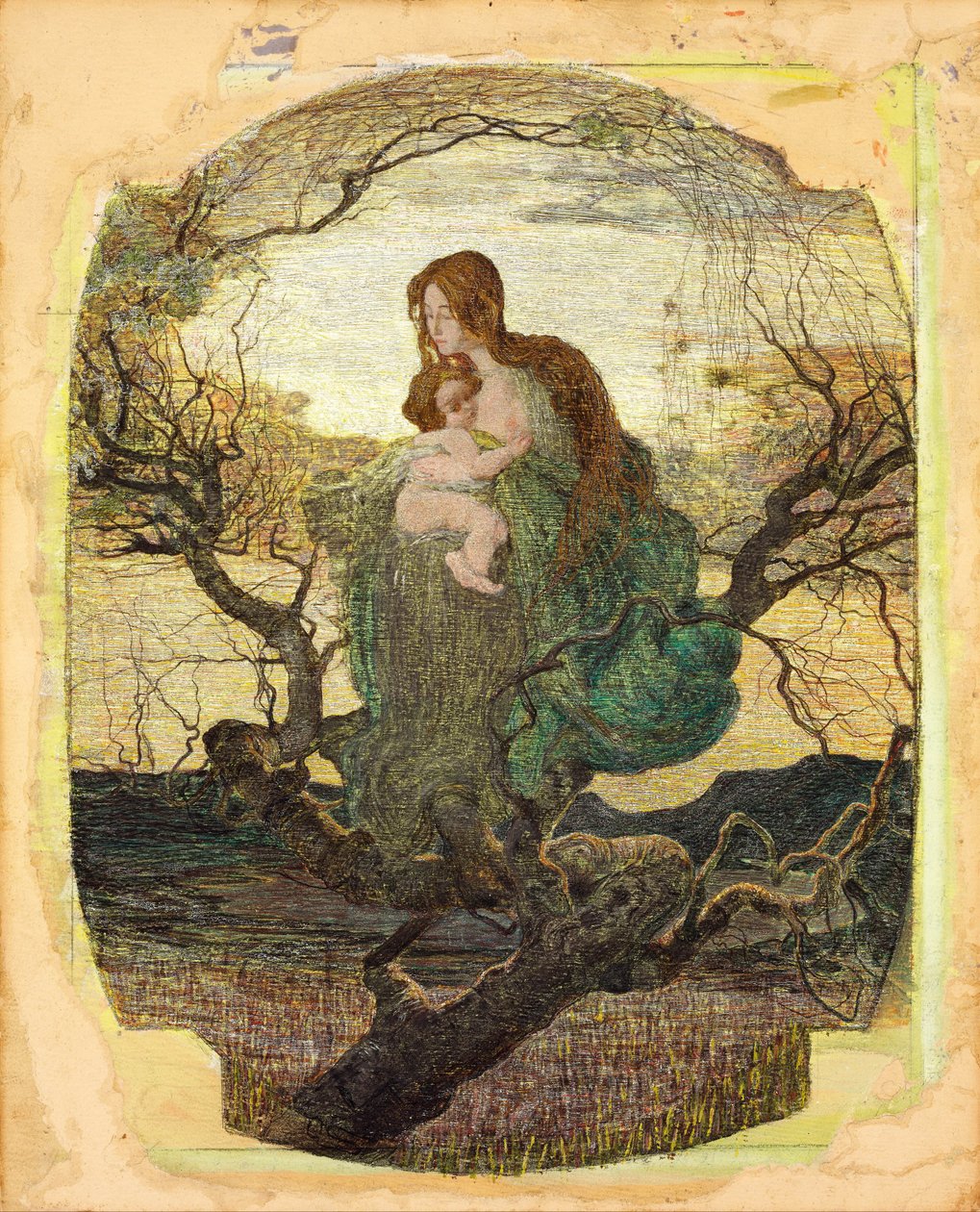 Livets ängel - Peinture de Giovanni Segantini (1858-1899) - 1894-1895 - Akvarell, gouache, guld och vita färger på papper - 59,5x47,9 - Szepmuveszeti Muzeum, Budapest av Giovanni Segantini