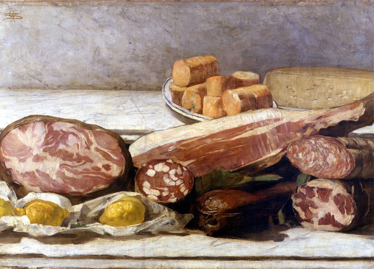 Färgglädjen, stilleben av pålägg. Målning av Giovanni Segantini (1858-1899). 1886. Milan, al. privee. av Giovanni Segantini