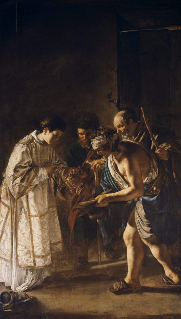 Lorenzo delar ut kyrkans varor till fattiga av Giovanni Serodine