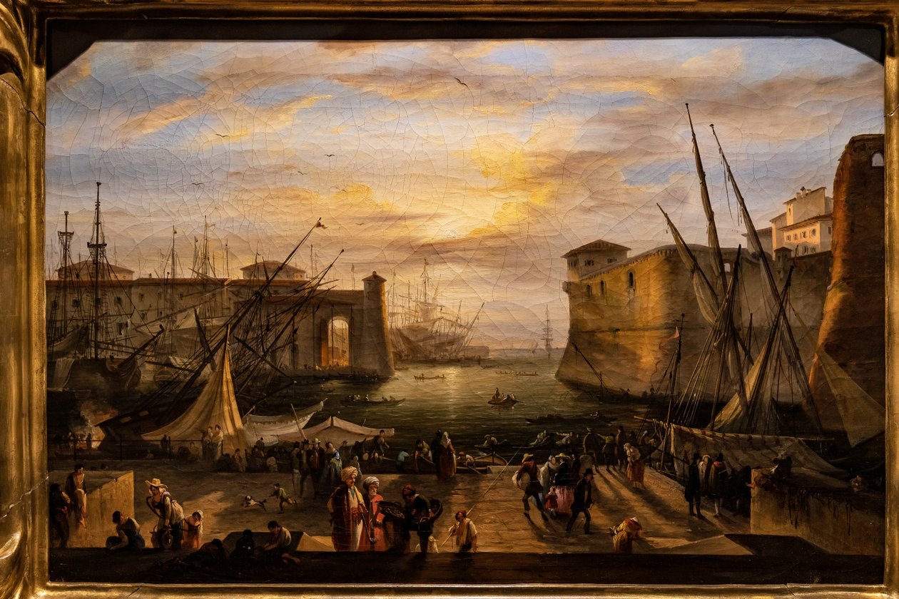 Livornos småbåtshamn och fästningen Medici i bakgrunden av Giovanni Signorini